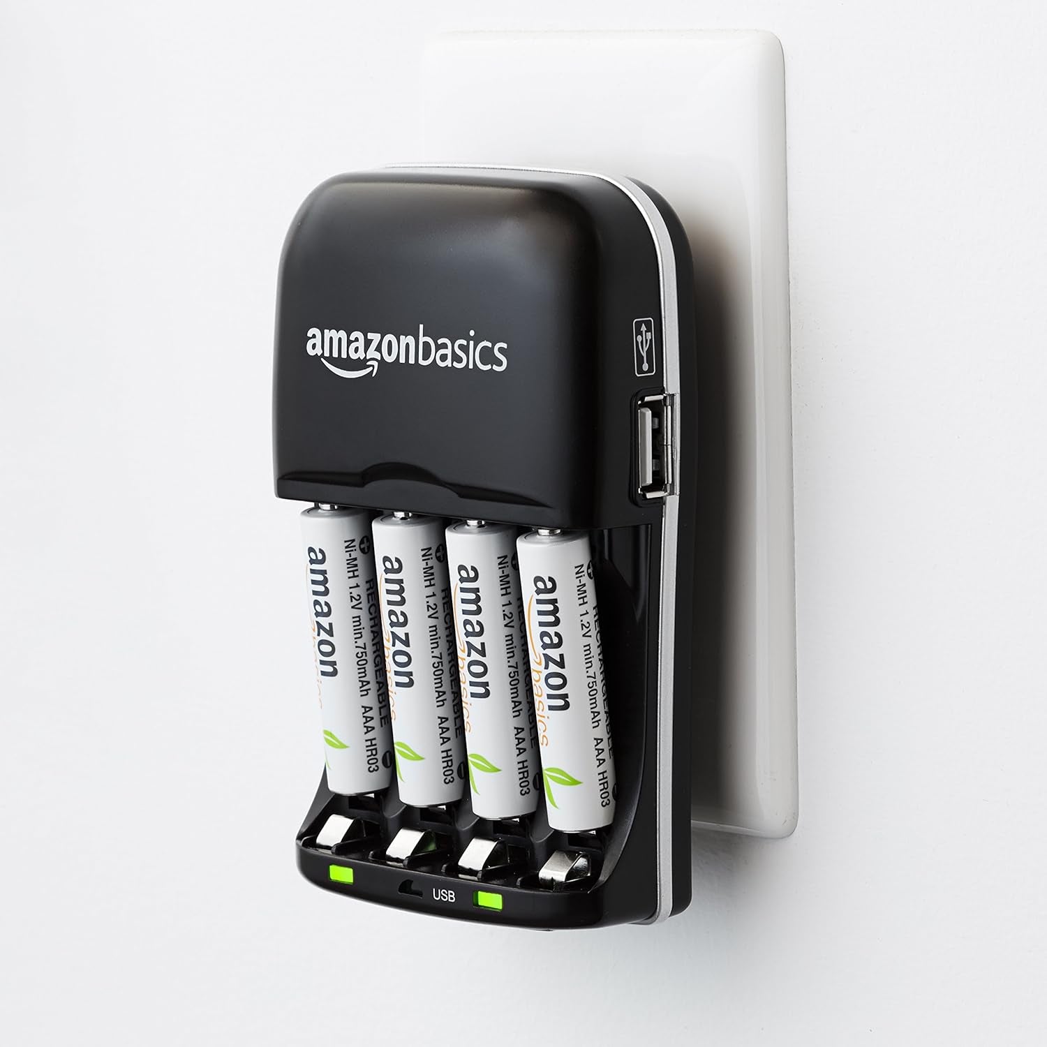 Cargador de Pilas Recargables AA/AAA Ni-MH con Puerto USB – 100–240 V, Enchufe Plegable, Negro