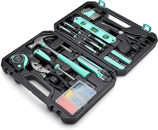 Kit de Herramientas para el Hogar con Maletín – 142 Piezas – Color Turquesa – Ideal para Reparaciones y DIY