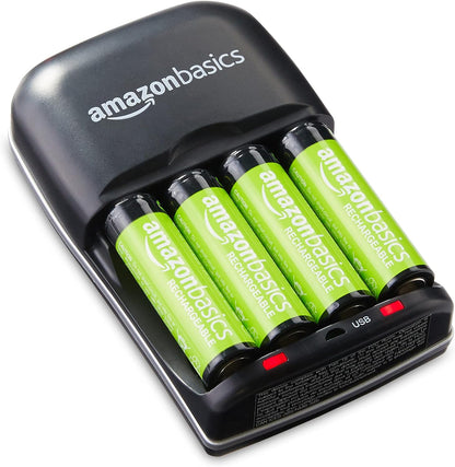 Cargador de Pilas Recargables AA/AAA Ni-MH con Puerto USB – 100–240 V, Enchufe Plegable, Negro