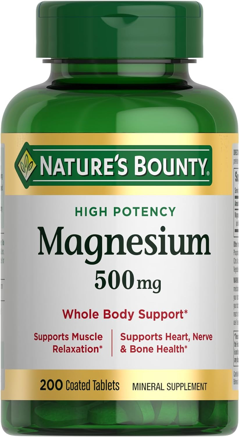 Magnesio 500 mg – 200 Tabletas | Nature’s Bounty | Salud Ósea y Muscular | Tabletas Recubiertas de Fácil Deglución | Sin Gluten