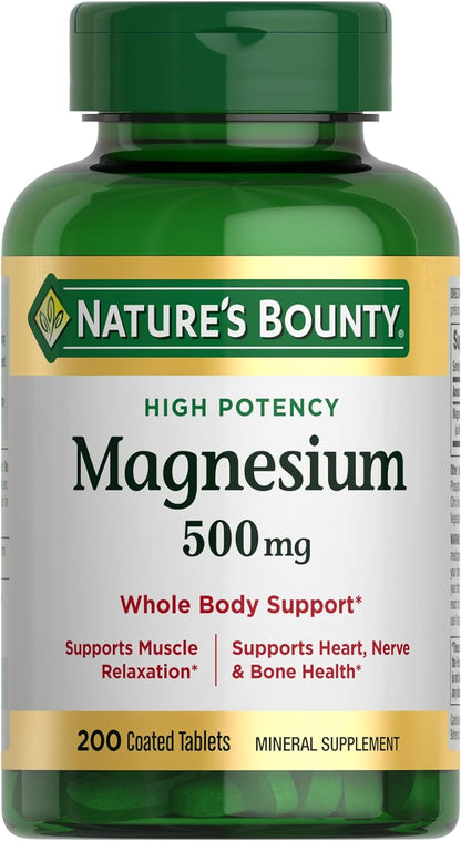 Magnesio 500 mg – 200 Tabletas | Nature’s Bounty | Salud Ósea y Muscular | Tabletas Recubiertas de Fácil Deglución | Sin Gluten