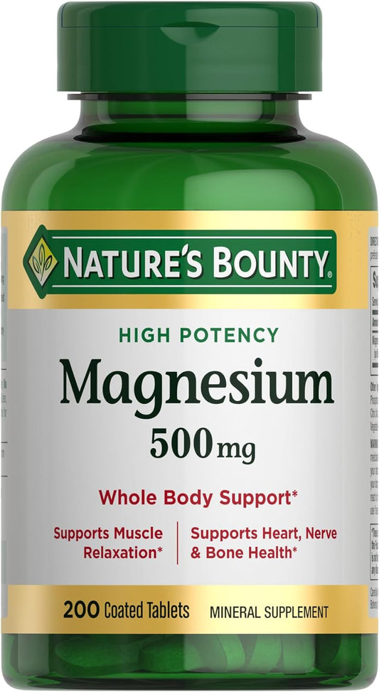 Magnesio 500 mg – 200 Tabletas | Nature’s Bounty | Salud Ósea y Muscular | Tabletas Recubiertas de Fácil Deglución | Sin Gluten