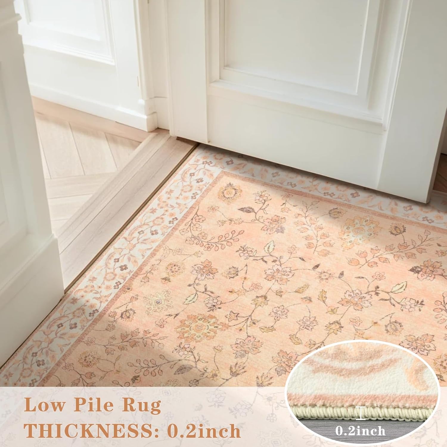 Alfombra floral lavable naranja de 4 x 6 pulgadas | suave, de pelo bajo | Antideslizante para interiores