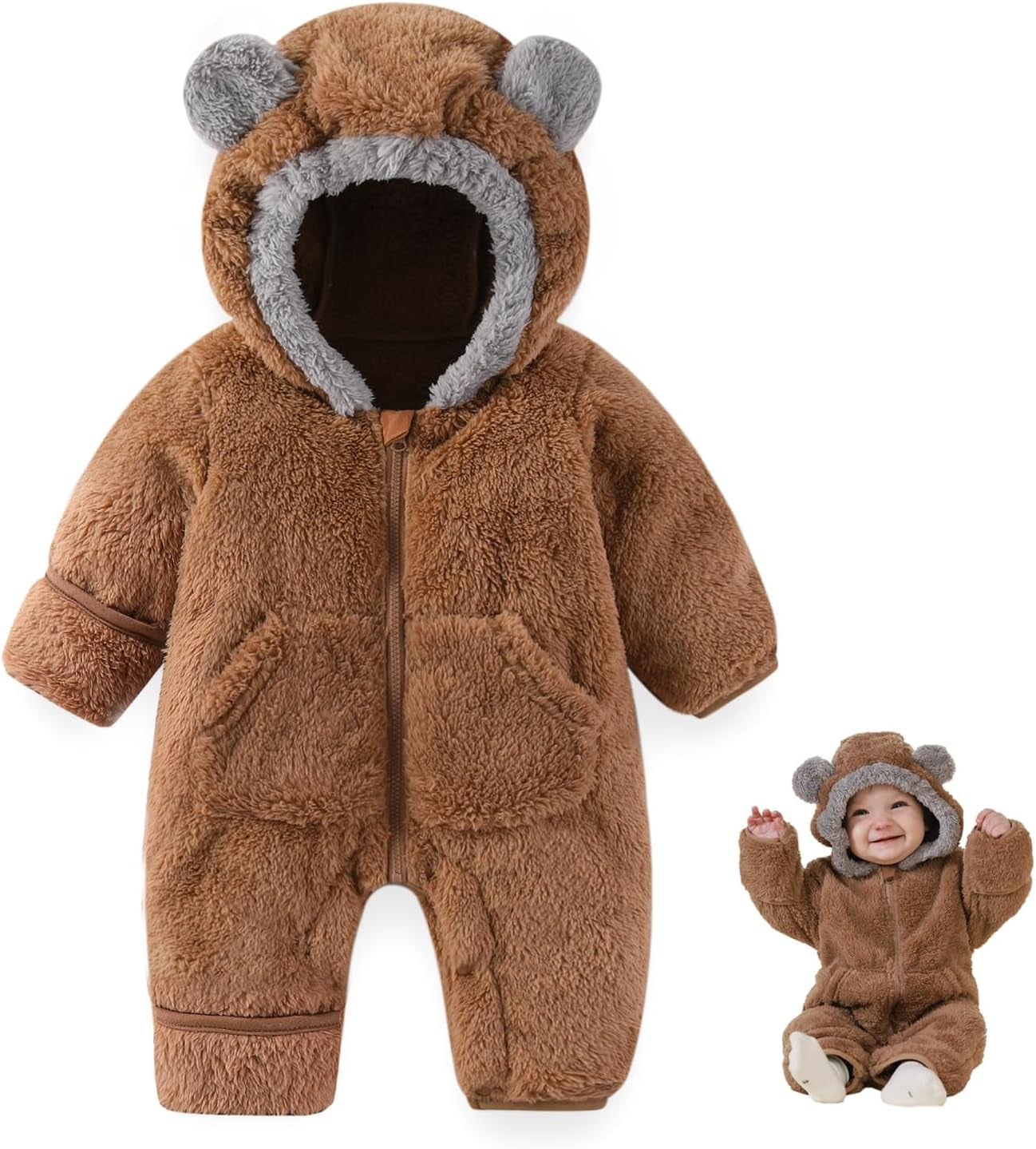 Traje de Oso para Bebé Recién Nacido con Mitones Plegables y Patucos para Niñas y Niños Ropa de Invierno de Vellón con Capucha Mameluco Traje de Nieve