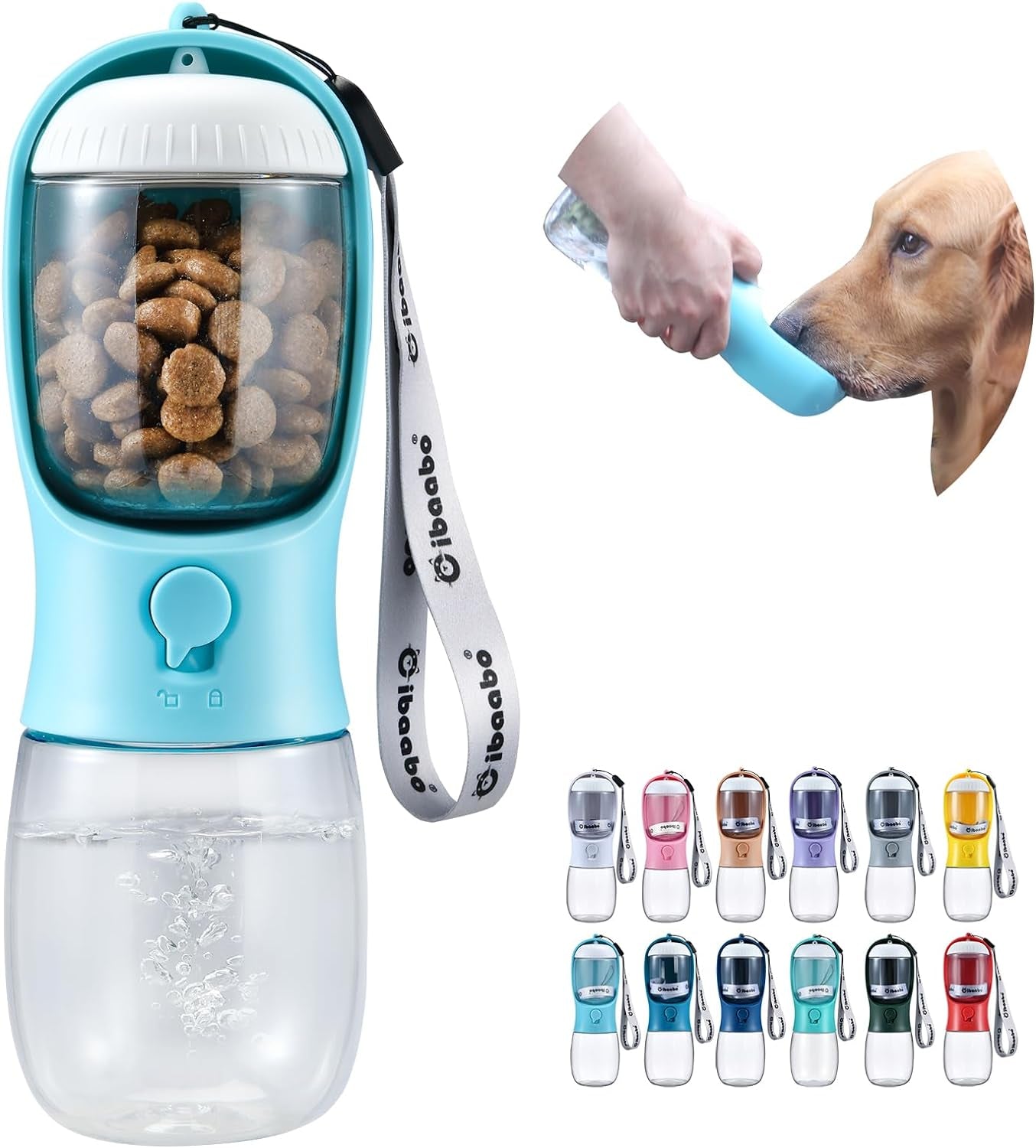 Botella de Agua para Perros con Contenedor de Alimento (2 en 1) | Portátil, Antifugas y con Filtro de Carbón – 10oz/300ml y 19oz/550ml | Accesorio de Viaje para Perros y Gatos