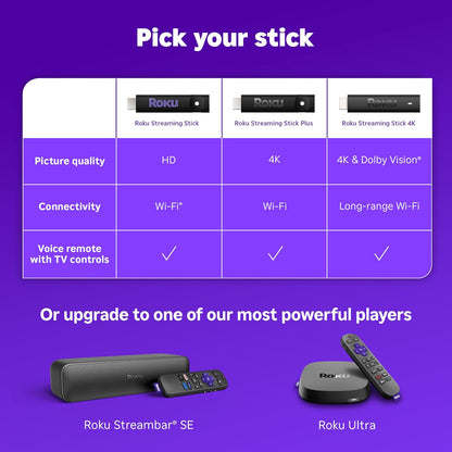 Roku Streaming Stick 4K | Resolución 4K, HDR10+ y Dolby Vision | Wi-Fi de Largo Alcance + Control por Voz | +500 Canales Gratis y Apps como Netflix, Disney+ y más