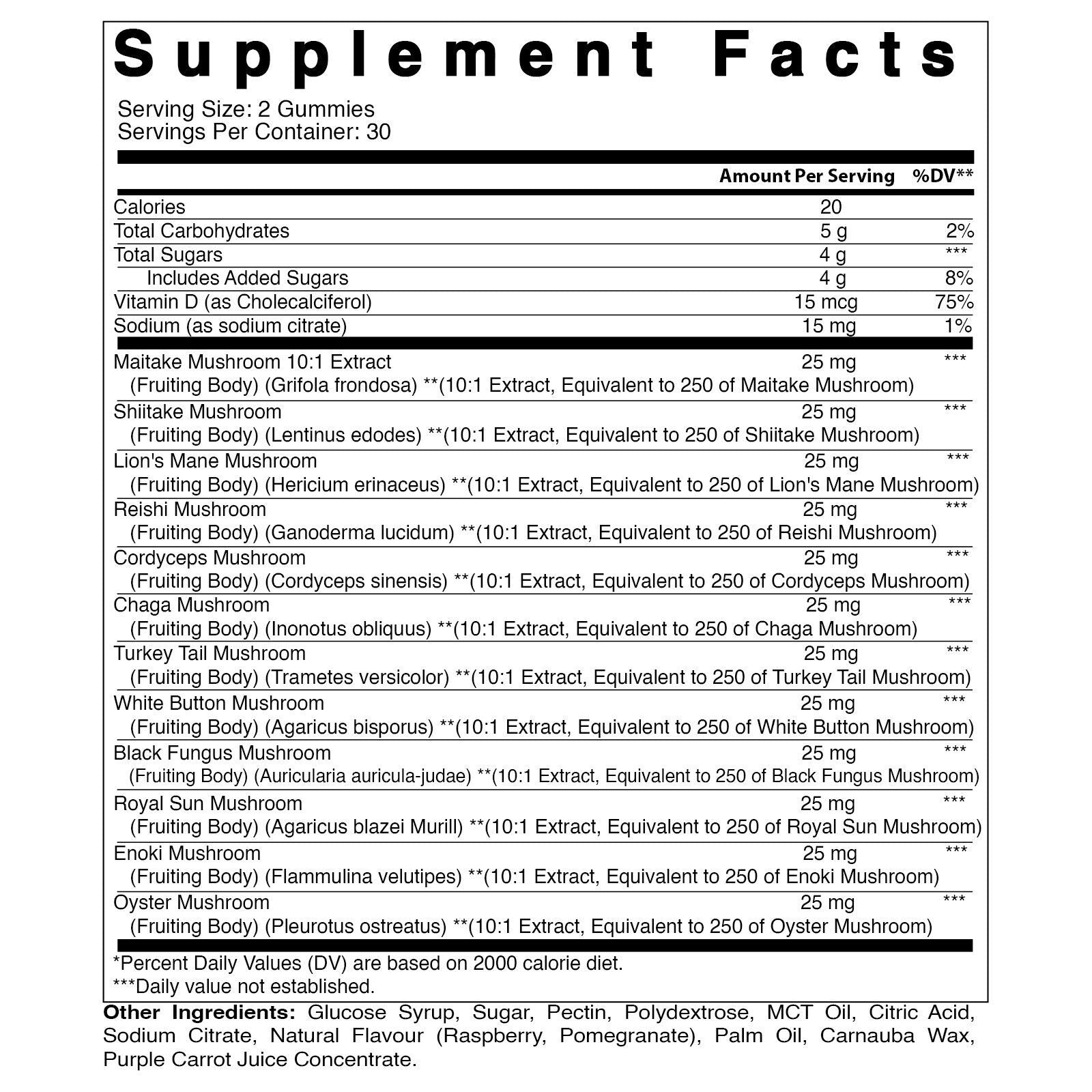 Vitamatic Gomitas Complejo de Hongos con Vitamina D3 – 3000 mg por porción | 60 gomitas
