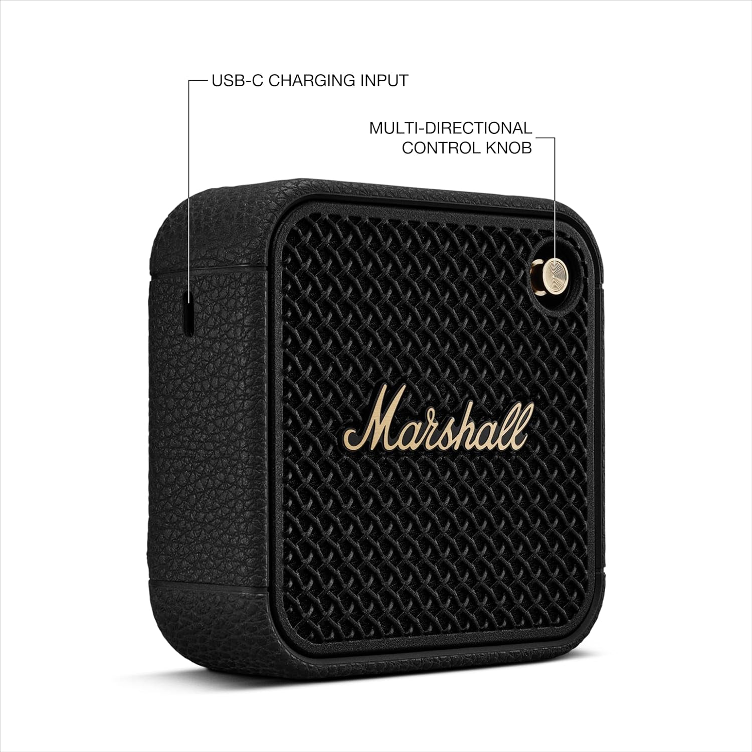 Marshall Willen II – Bocina Bluetooth portátil IP67 (Black & Brass), 17+ h batería, micrófono manos libres y correa de sujeción