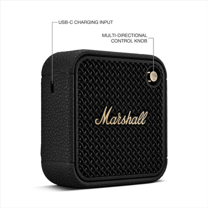 Marshall Willen II – Bocina Bluetooth portátil IP67 (Black & Brass), 17+ h batería, micrófono manos libres y correa de sujeción