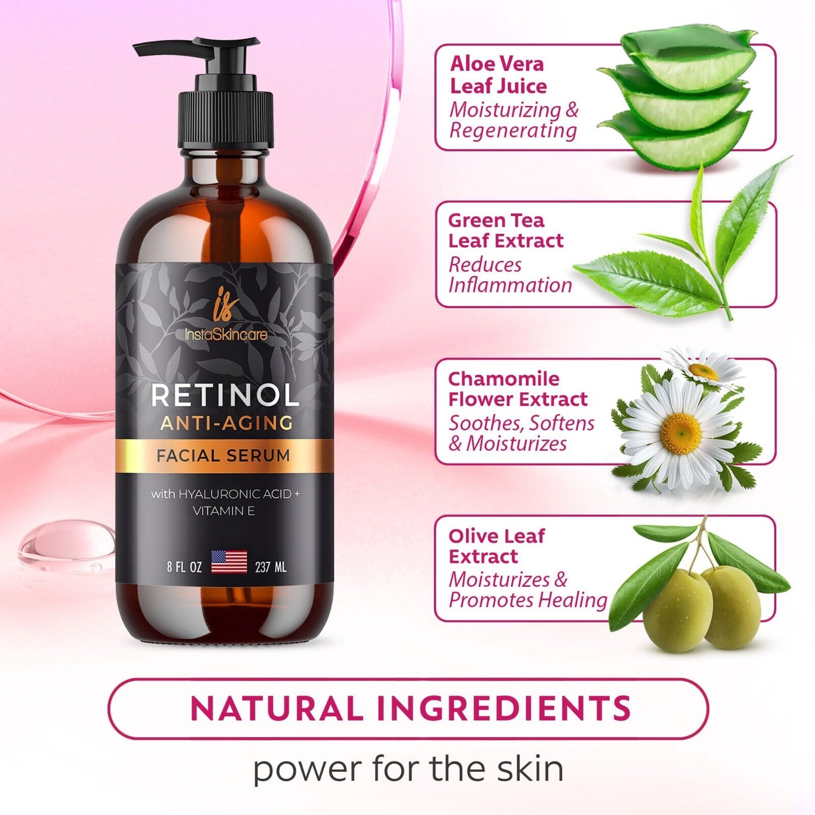 Serum de Retinol para Rostro con Ácido Hialurónico, Vit E y A, y Aloe Vera (8 Oz)