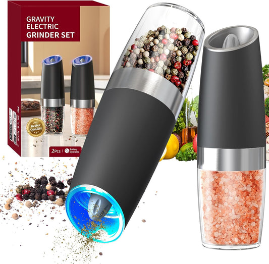 Set de Molinillos Eléctricos de Sal y Pimienta Automáticos con Luz LED, Ajuste de Grosor y Gran Capacidad – Operación por Gravedad, Cocina y BBQ