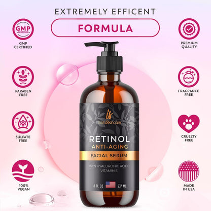 Serum de Retinol para Rostro con Ácido Hialurónico, Vit E y A, y Aloe Vera (8 Oz)