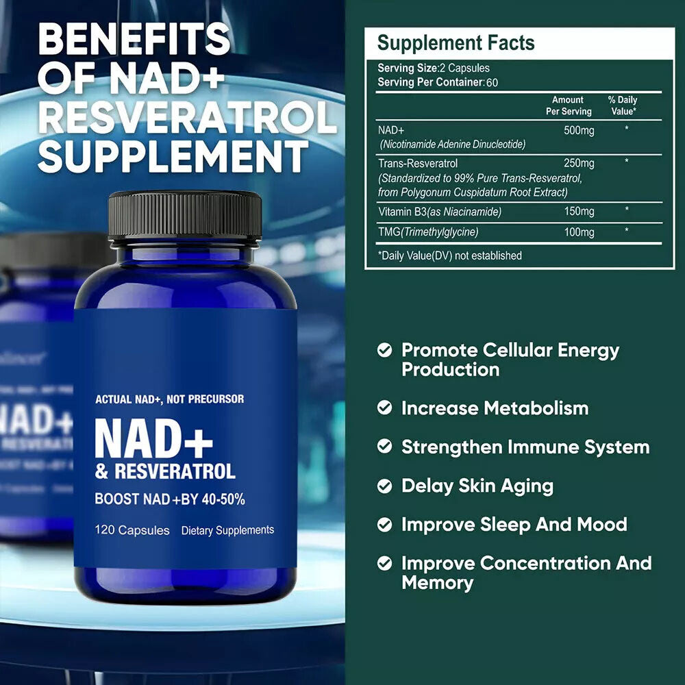 NAD+ 1000mg con Resveratrol (120 cápsulas) | Fórmula Bioactiva Antioxidante