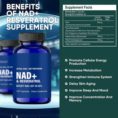 NAD+ 1000mg con Resveratrol (120 cápsulas) | Fórmula Bioactiva Antioxidante