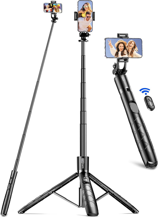 Trípode de Celular de Aluminio 71" con Control Remoto — Selfie Stick 2-en-1, Extensible, Rotación 360°, Compatible iPhone 15/14/13/Android/Cámara