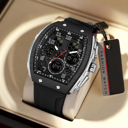 Reloj para Hombre Rectangular Blanco | Doble Hora Analógico + Digital | Cronómetro & Cuenta Regresiva | Alarma | 5 ATM Resistente al Agua | Correa de Silicona | Caja de Regalo