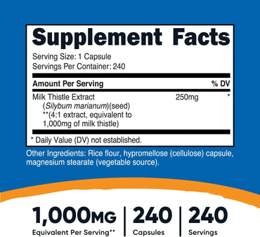 Cardo Mariano 1,000 mg (equivalente) – 240 Cápsulas | Extracto 4:1 (250 mg) | Vegano, Sin OGM, Sin Gluten