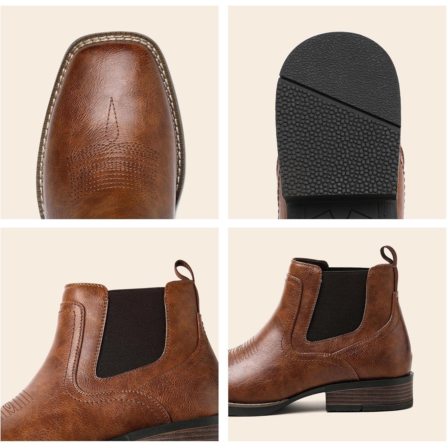 Botas vaqueras Chelsea para hombre | Punta cuadrada | Botas vaqueras al tobillo para hombre | Color: Marrón