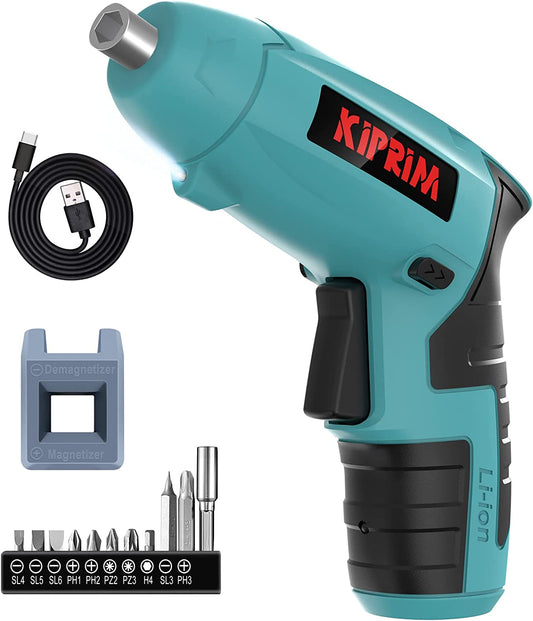Destornillador Eléctrico Kiprim ES3 4V Recargable, Compacto e Inalámbrico, Luz LED Frontal, Indicador de Batería y 11 Accesorios – Azulv