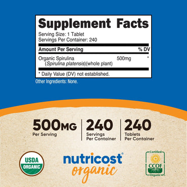 Nutricost Espirulina Orgánica 500 mg | 240 Tabletas