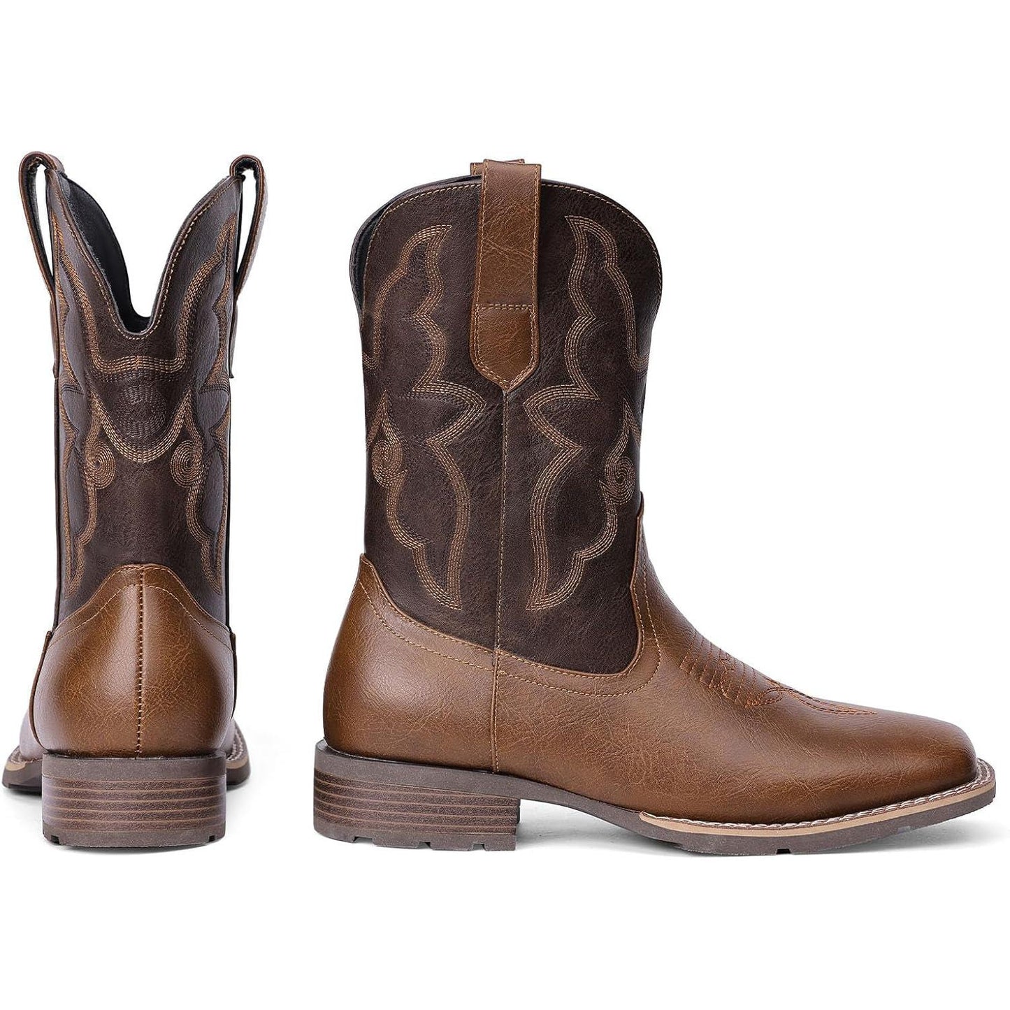 Botas vaqueras para hombre con punta cuadrada | Estilo antiguo del oeste bordado | Color: Marrón