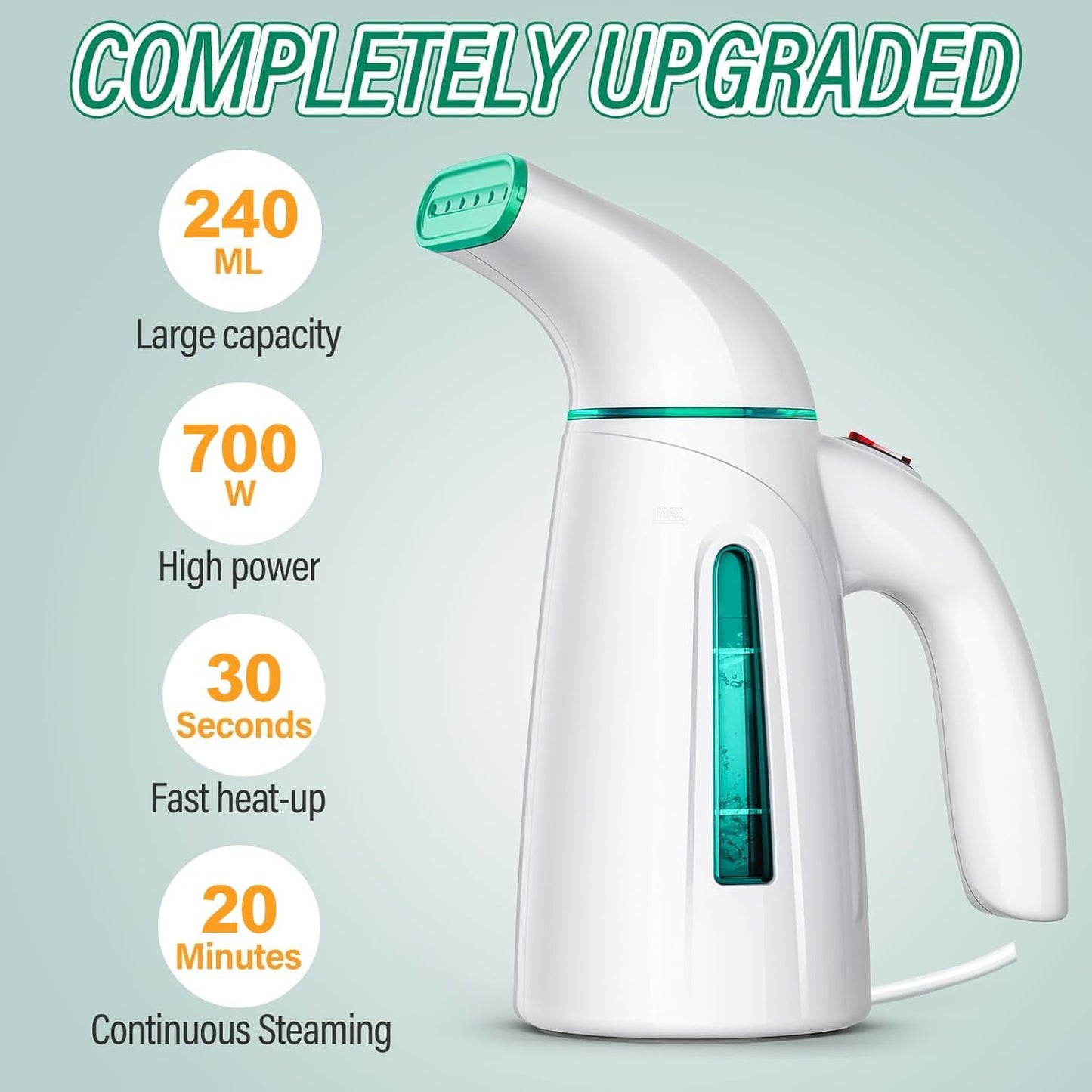 Steamer de Ropa 950 W | Depósito 300 ml | Calentamiento en 30 s | Portátil & de Viaje | Vapor Vertical | Color Turquesa