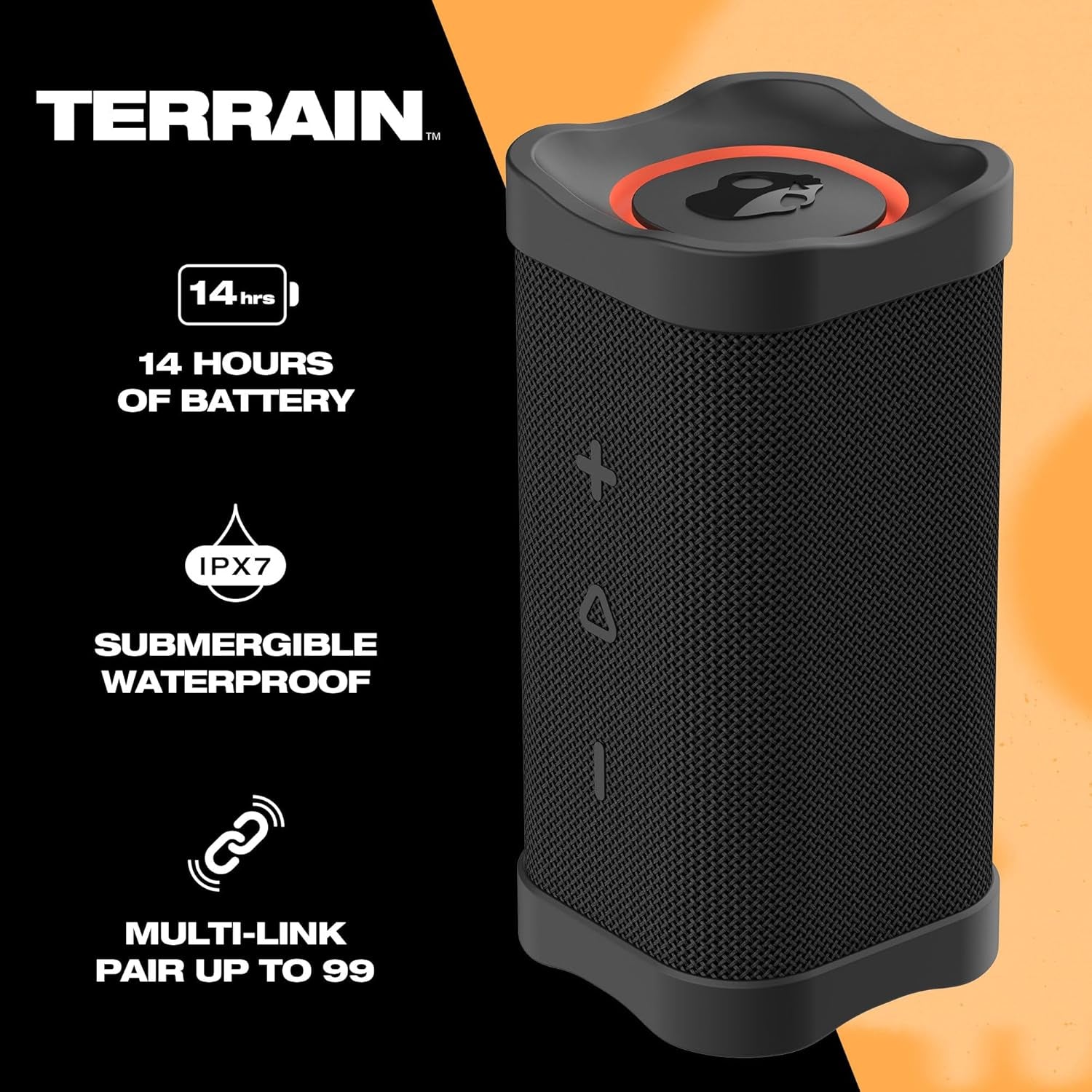 Skullcandy Terrain – Bocina Bluetooth portátil | IPX7 impermeable, radiadores pasivos duales, 14 h de batería, correa de muñeca de nailon, True Wireless Stereo