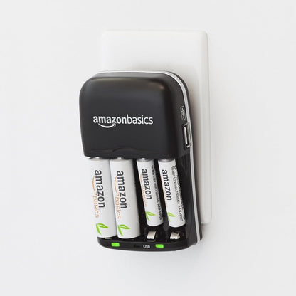 Cargador de Pilas Recargables AA/AAA Ni-MH con Puerto USB – 100–240 V, Enchufe Plegable, Negro