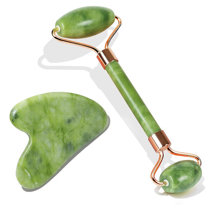 Jade Roller & Gua Sha, Face RolleSet Jade Roller & Gua Sha Facial, Masajeador de Piedra Natural Verde, Herramientas de Skincare para Cara, Cuello y Ojos, Autocuidado Unisexr, Facial Beauty Roller Skin Care Tools, Self Care Gift for Men Women, Massager for Face, Eyes, Neck, Relieve Fine Lines and Wrinkles - Green