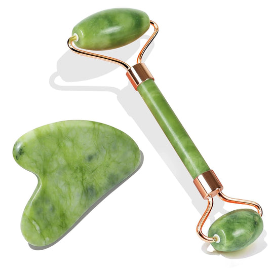 Jade Roller & Gua Sha, Face RolleSet Jade Roller & Gua Sha Facial, Masajeador de Piedra Natural Verde, Herramientas de Skincare para Cara, Cuello y Ojos, Autocuidado Unisexr, Facial Beauty Roller Skin Care Tools, Self Care Gift for Men Women, Massager for Face, Eyes, Neck, Relieve Fine Lines and Wrinkles - Green
