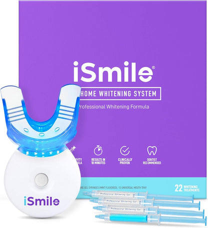 Ismile Teeth Whitening Kit - LED Light, 35% Carbamide Peroxide, (3) 3Ml Gel Syringes, (1) Remineralization Gel, and Tray.