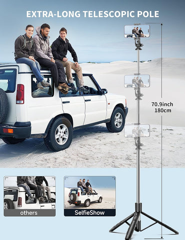 Trípode + Selfie Stick 2-en-1 de 71" con Control Remoto | Rotación 360° | Compatible iPhone/Android y Cámaras (Rosca 1/4")