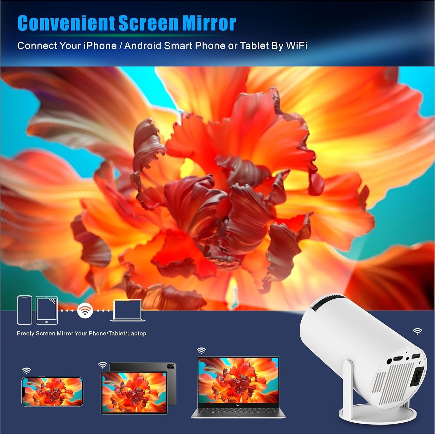Mini Proyector Android 11 con Wi-Fi 6 y BT 5.2, 150 ANSI, 720p Nativo (Soporta 1080p/4K), Auto Keystone, Giro 180°, Pantalla 40–130", Apps Integradas