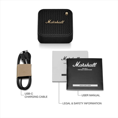 Marshall Willen II – Bocina Bluetooth portátil IP67 (Black & Brass), 17+ h batería, micrófono manos libres y correa de sujeción