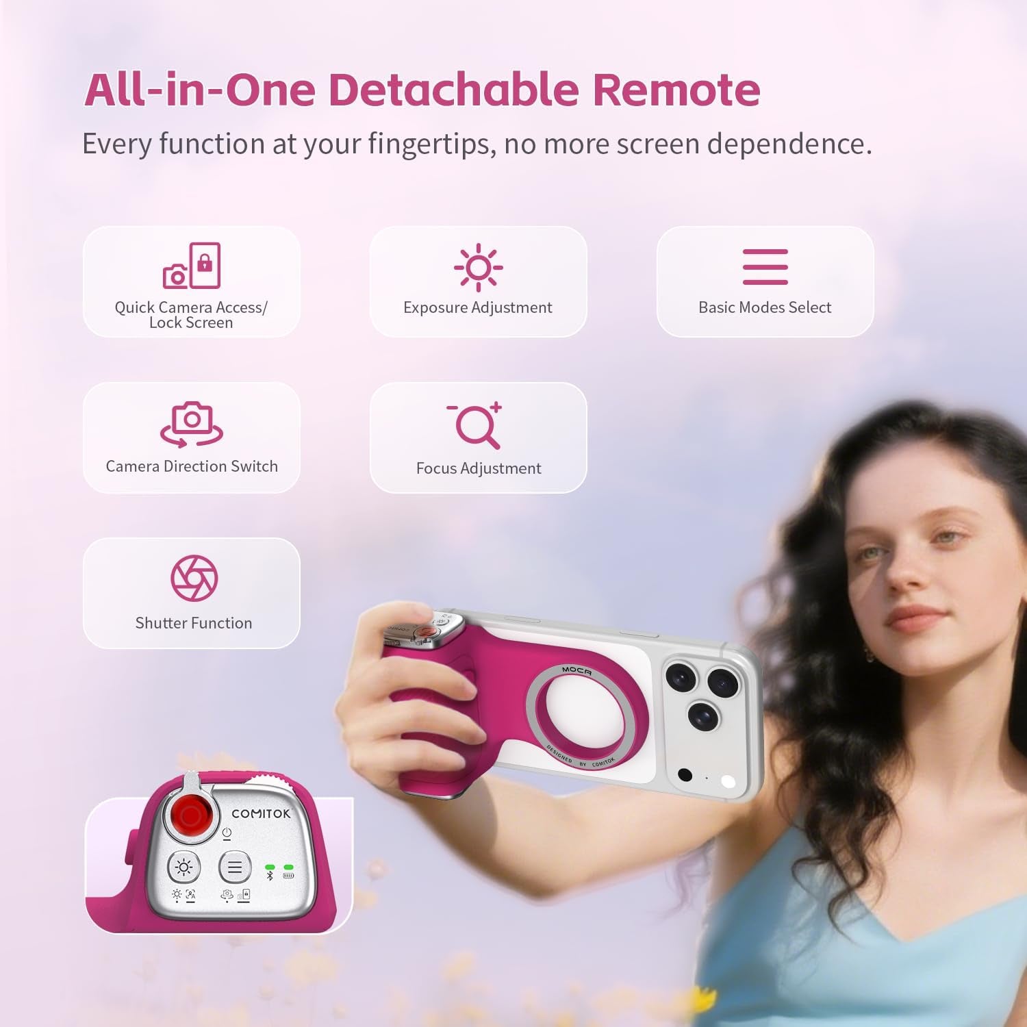 Accesorio para filmar | UGC | Compatible con iOS17 e iOS18 | Agarre magnético con control remoto | Color Fucsia