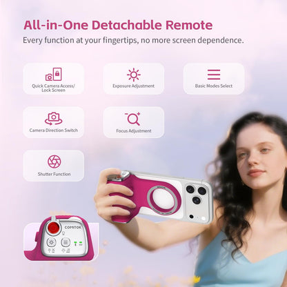 Accesorio para filmar | UGC | Compatible con iOS17 e iOS18 | Agarre magnético con control remoto | Color Fucsia