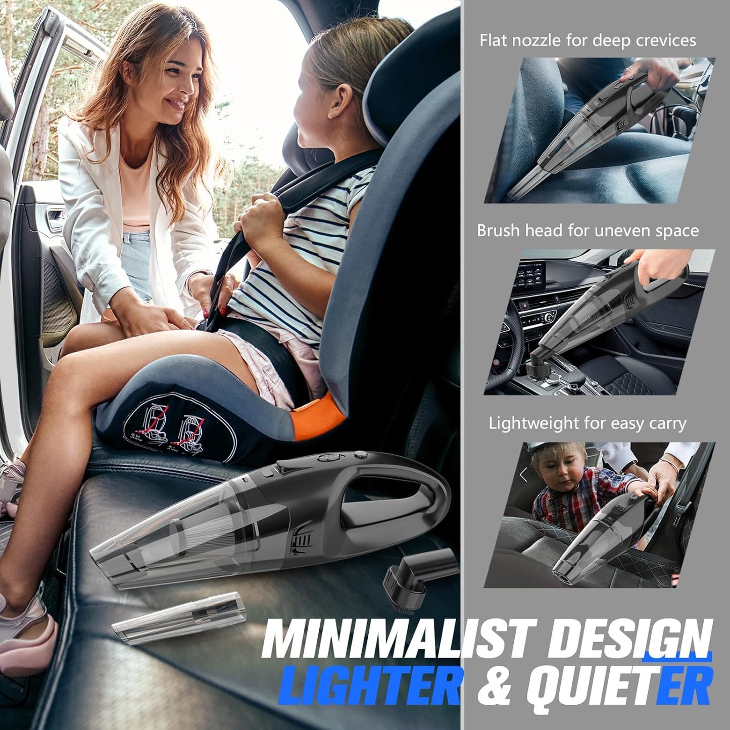 Aspiradora de Mano Inalámbrica 3 en 1 – Recargable por USB, con Luz LED, Filtro HEPA y Accesorios para Auto, Hogar y Pelo de Mascotas