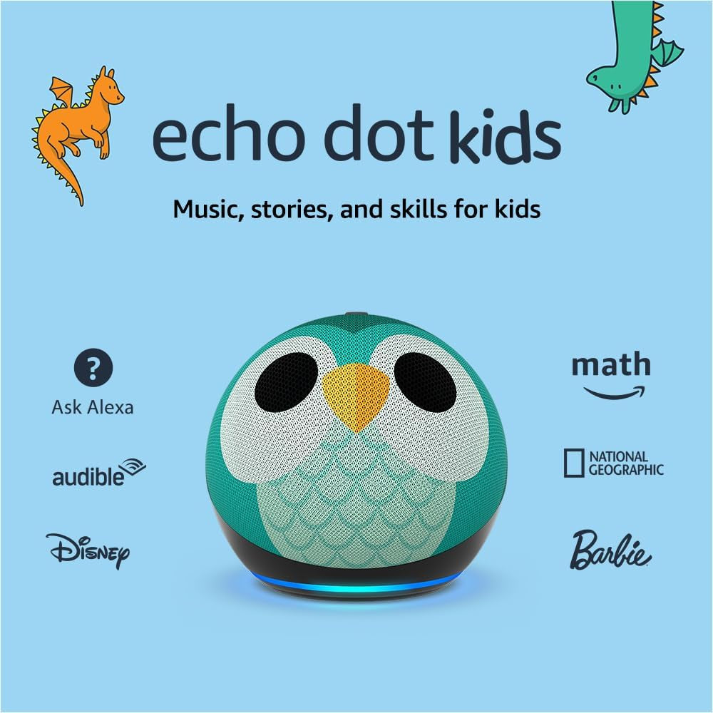 Echo Dot Kids with Alexa (Newest Model), Designed for Kids, with Parental Controls, Includes 1 Year of  Kids+, Owl