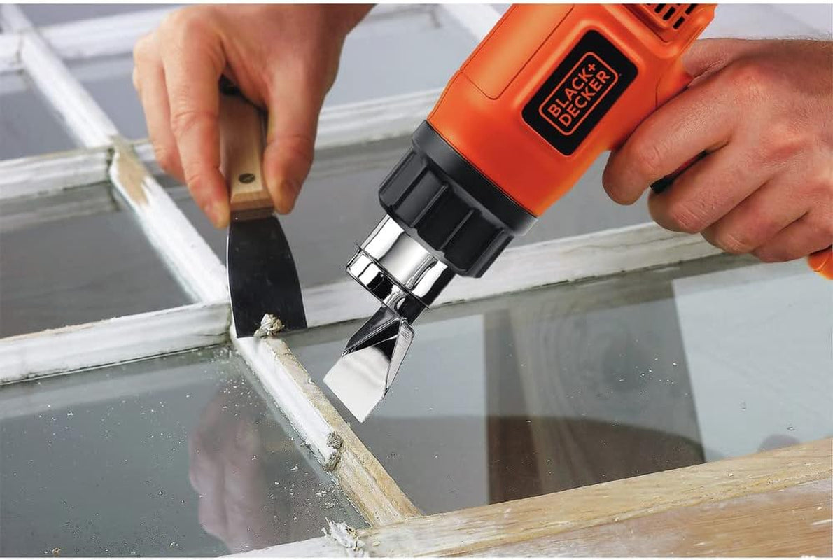 Pistola de Calor BLACK+DECKER 1350W, Doble Temperatura (750°F & 1000°F), Compacta con Soporte Integrado y Mango Lateral – Incluye Boquilla Protectora de Vidrio (HG1300)