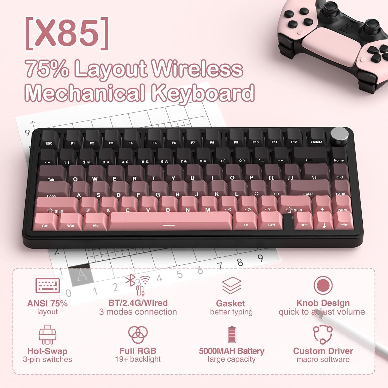 Teclado mecánico inalámbrico para juegos con perilla intercambiable | Color: Rosa