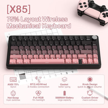 Teclado mecánico inalámbrico para juegos con perilla intercambiable | Color: Rosa