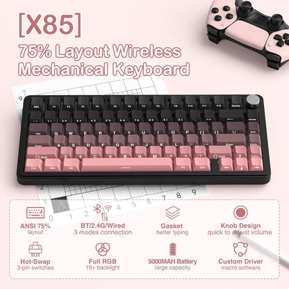 Teclado mecánico inalámbrico para juegos con perilla intercambiable | Color: Rosa
