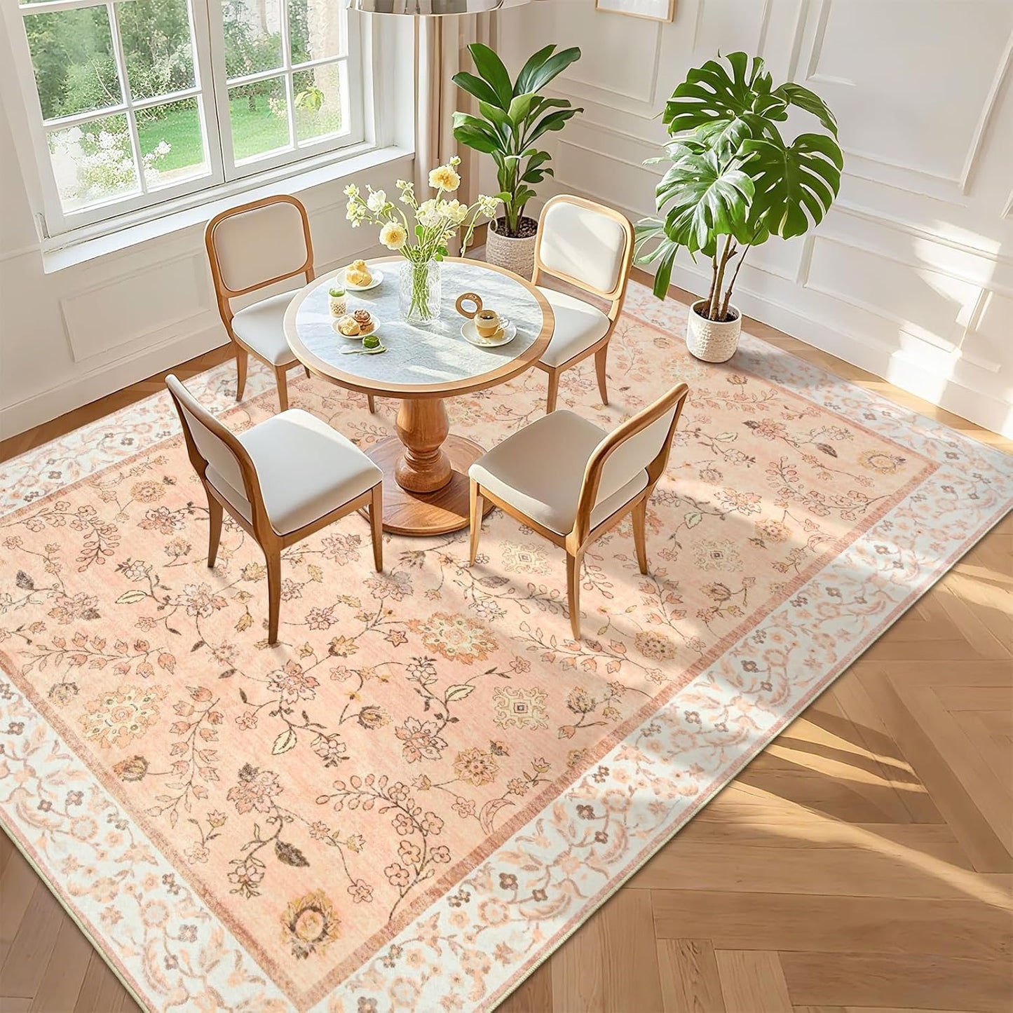 Alfombra floral lavable naranja de 4 x 6 pulgadas | suave, de pelo bajo | Antideslizante para interiores