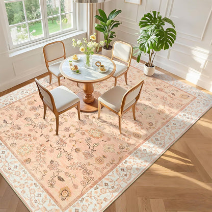 Alfombra floral lavable naranja de 4 x 6 pulgadas | suave, de pelo bajo | Antideslizante para interiores