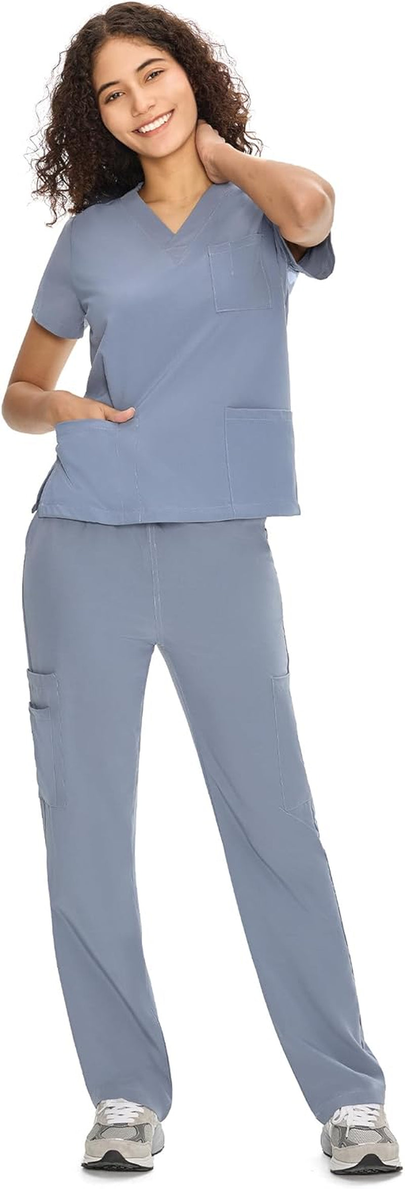 Set Uniforme Médico | Camiseta con Cuello en V y Pantalones de Pierna Recta con Bolsillos | Ropa de Trabajo Unisex | Color: Gris