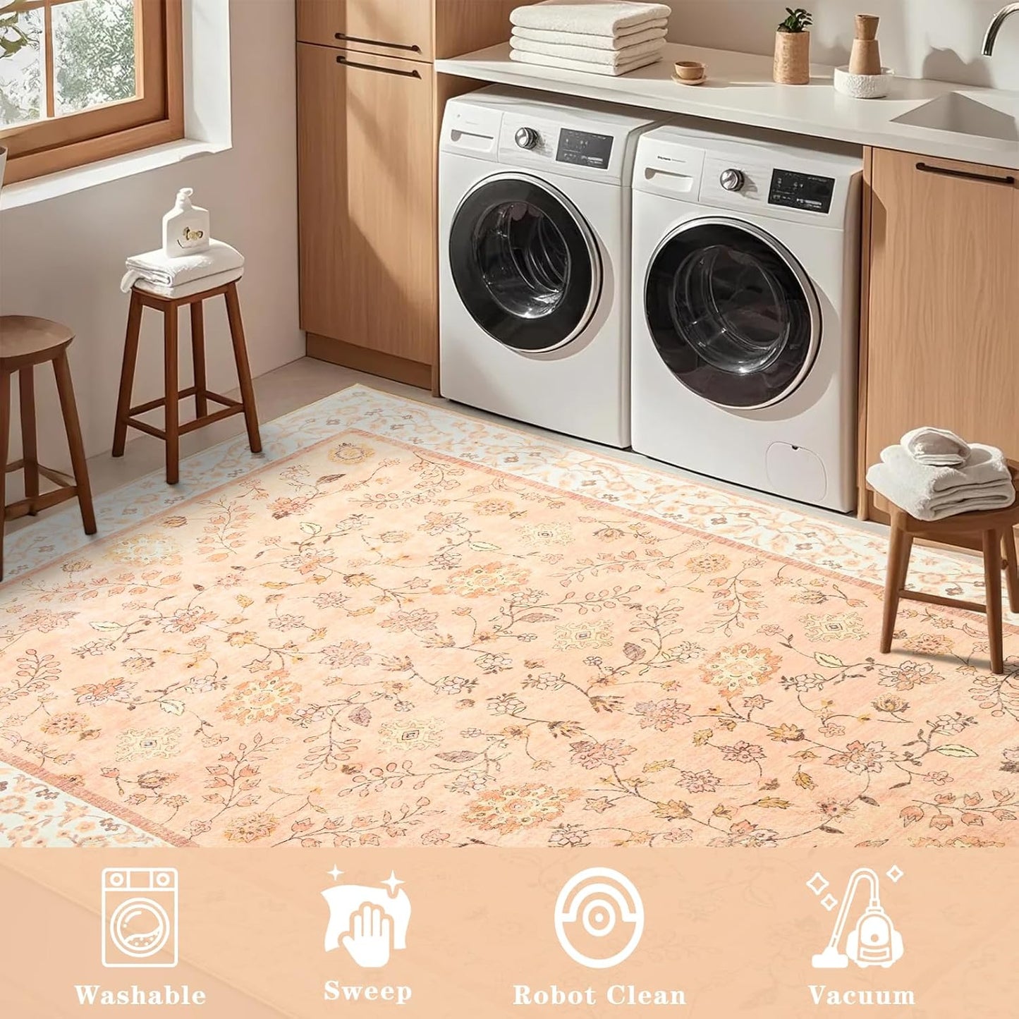 Alfombra floral lavable naranja de 4 x 6 pulgadas | suave, de pelo bajo | Antideslizante para interiores