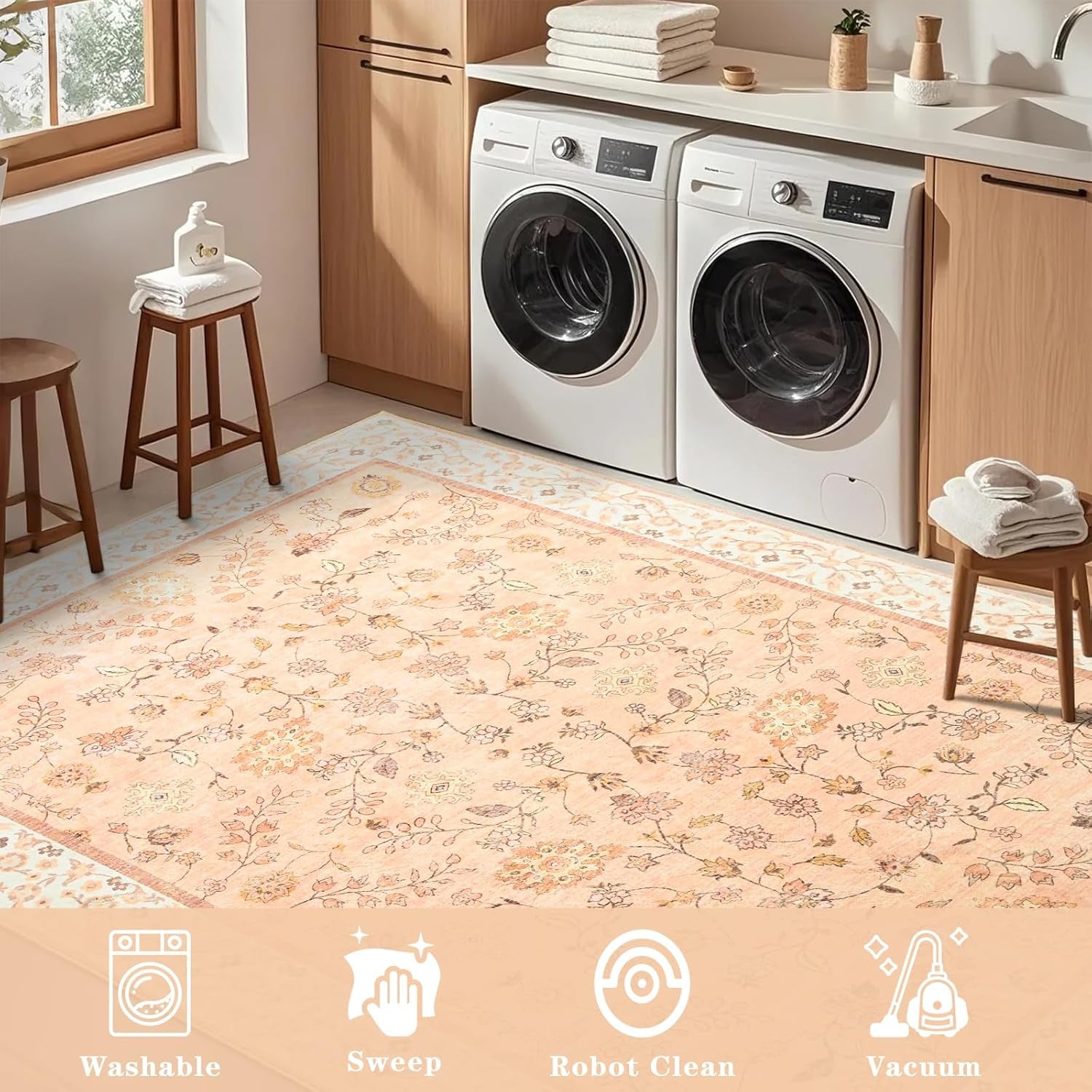 Alfombra floral lavable naranja de 4 x 6 pulgadas | suave, de pelo bajo | Antideslizante para interiores