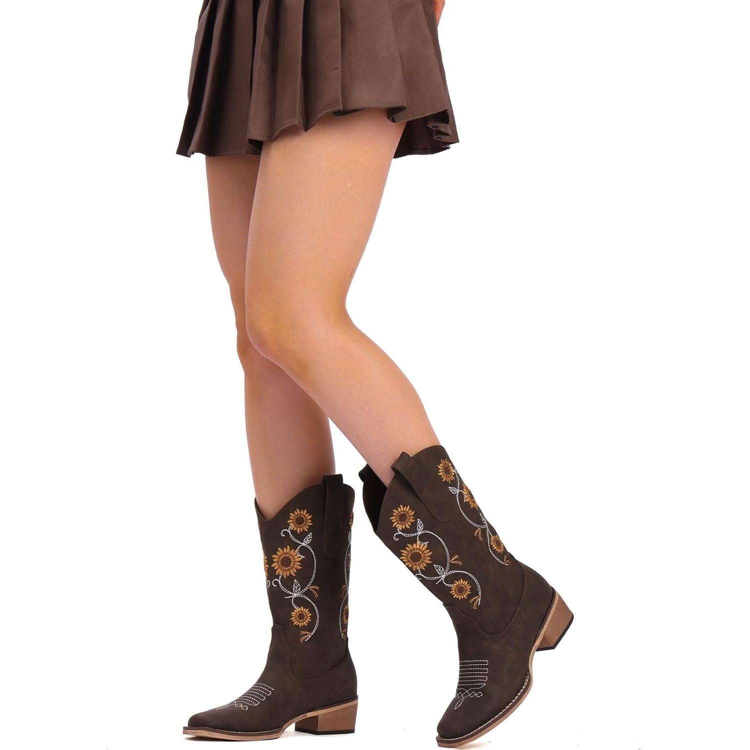 Botas vaqueras de girasol | Media pantorrilla | Bordado floral | Punta cuadrada cosida | Color: Marrón