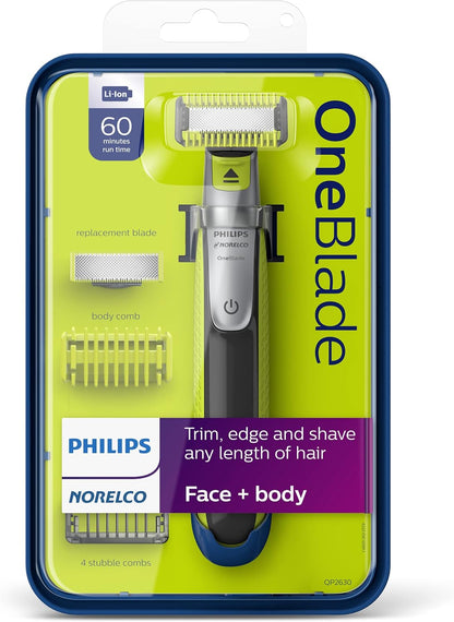 Philips OneBlade Face + Body (QP2630/70) | Recorta, Perfila y Afeita Cualquier Longitud – Uso Húmedo/Seco, 2 Cuchillas, Skin Guard, 4 Peines, 60 min