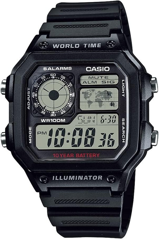 AE1200WH Series | Men’S Digital Watch | 100M WR | Multi Alarms | 100 SEC Stopwatch | Countdown Timer | World Map for World Time | LED Light | LC Analog Display | 10 Year Battery